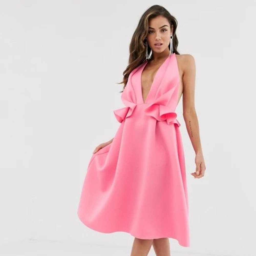ASOS pink halter ruffle scuba skater dress